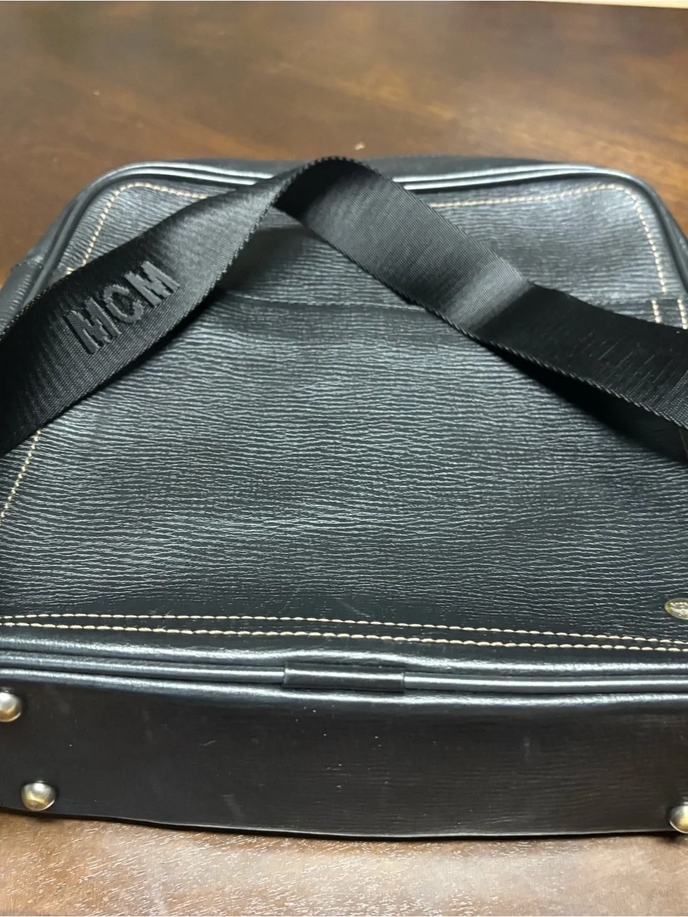 MCM Black Leather Messenger with Contrast Stitching